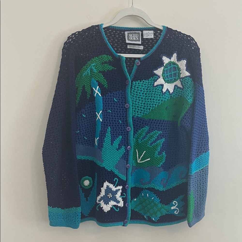 Vintage Sigrid Olsen Hand Knit Open Cardigan Sweater‎ Novelty Coastal Sea Tropic